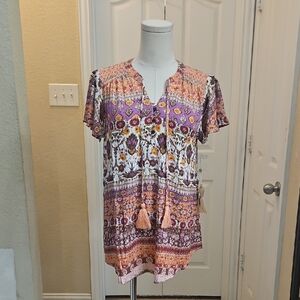 ONE WORLD boho chic Short Sleeve tie front v neck Multicolor Bohemian Blouse NWT